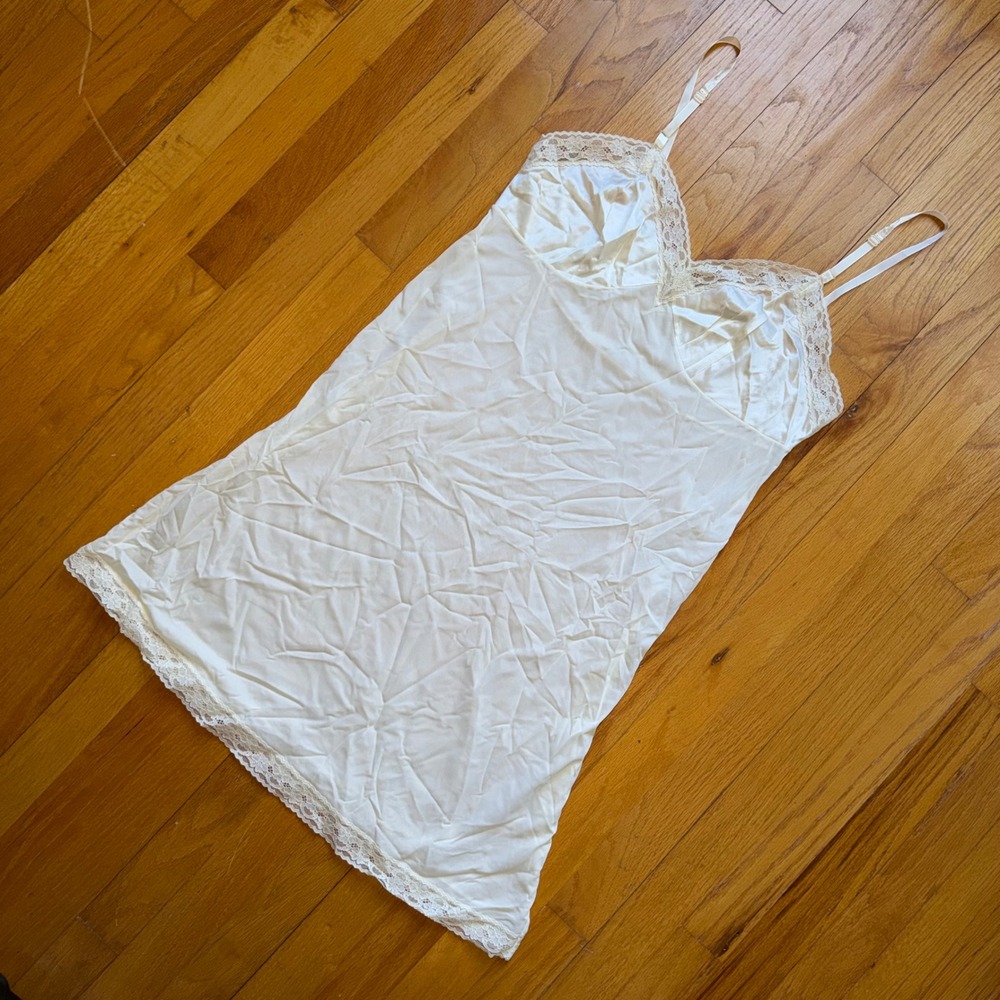 Vintage Ivory Full Slip Dress Lace Trim Adjustable Straps Off White Lingerie 36" - Picture 7 of 8